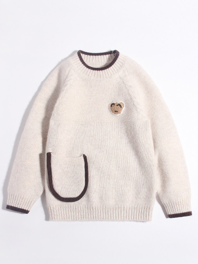 Kids Ivory Cashmere Sweater with Bear Patch and Pocket